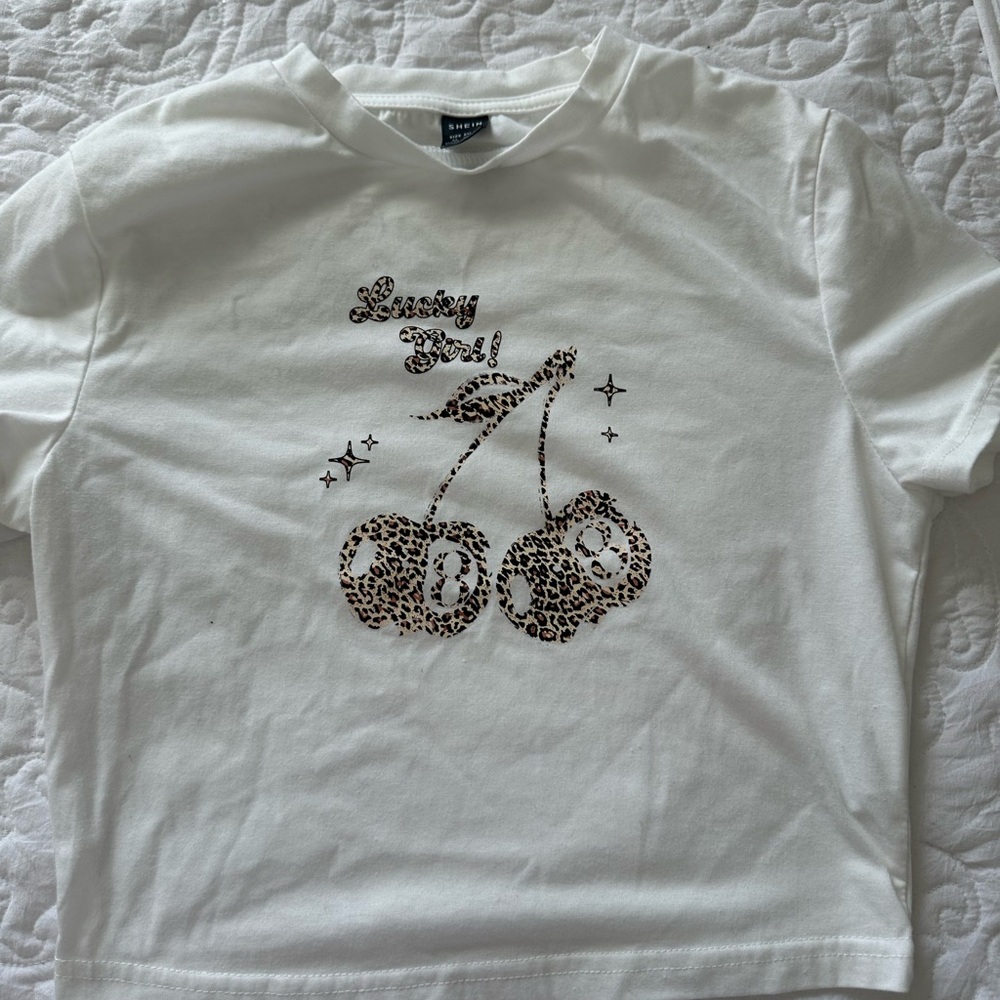 SHEIN White Tee with Leopard Cherry Design